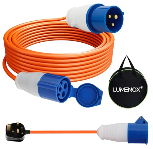 LUMENOX 15m Caravan Hook Up Cable Set, 16A 240V Heavy Duty Extension Lead with 0.4M 3-Pin UK Plug Adapter, 3-Core Copper Wire, IP44 Waterproof, for Campervans, Motorhomes Caravans
