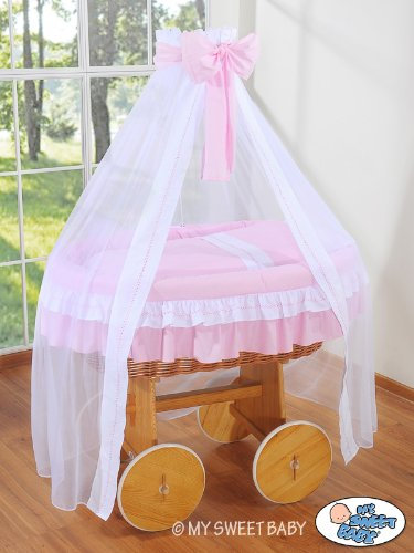Couffin en osier avec base en pin antique et literie rose – Blanc
