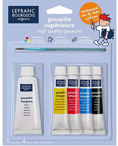 Lefranc Bourgeois Gouache 4X10ml + 1X20ml Couleurs Primaires + 1 Pinceau Blister