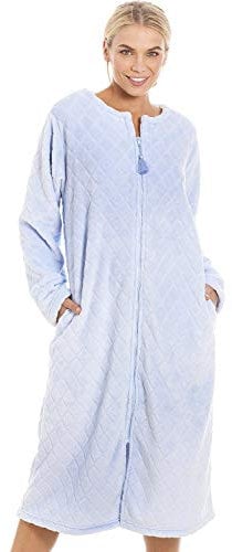 Camille Women's Super Soft Fleece Zipped Housecoat | Calf Length Diamond Print Bathrobe | Zip Close, Long Sleeves & Pockets | Lightweight Luxury | Warm & Comfy Home Loungewear | Blue 14-16