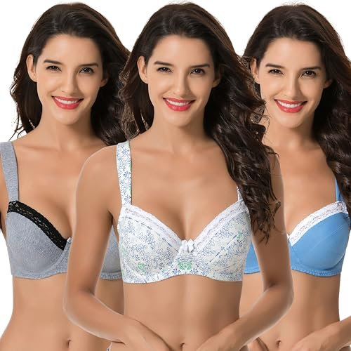 Curve Muse - Reggiseno in Cotone con Balconcino Sfoderato con Ferretto e Taglie Forti da Donna-Confezione da 3-Stampa Bianca,Blu,Cool Grey-8C