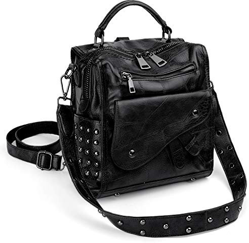 UTO Mini Rucksack Damen Mode Kunstleder Handtasche Retro-Stil Nieten konvertibeler Tagesrucksack Mädchen Umhängetasche Frauen Schwarz