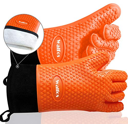 Walfos Silicone over Gloves, Heat Resistant Silicone Oven Mitts BBQ Gloves, Premium Non-Slip Silicone Internal Protective Cotton Layer, Waterproof, Great for Grilling, Kitchen, Cooking(orange)