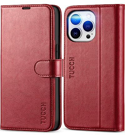 TUCCH Wallet Case for iPhone 13 Pro (6.1) 2021 5G, Magnetic PU Leather Case with [Shockproof TPU] RFID Credit Card Holder[Viewing Stand] Protective Flip Cover Compatible with iPhone 13 Pro, Dark Red