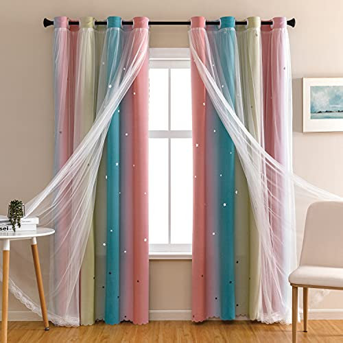 XiDi Traumstern Verdunkelungsvorhang für Kinderzimmer, Prinzessinnen-Vorhang in Rosa und Blau für das Schlafzimmer Ihrer Tochter 1 Vorhang-Panel, 86 cm breit x 160 cm lang