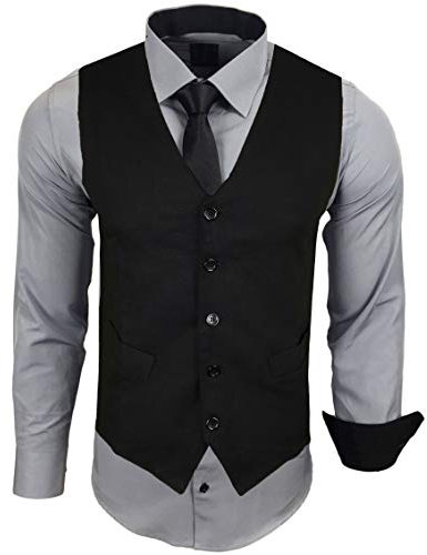 Baxboy Herren Hemd mit Weste Krawatte Anzugs Sakko Business Hochzeit Freizeit Hemden Frack Herrenweste Set wählbar B-44-HWKR, Farbe:Grau, Größe:XL