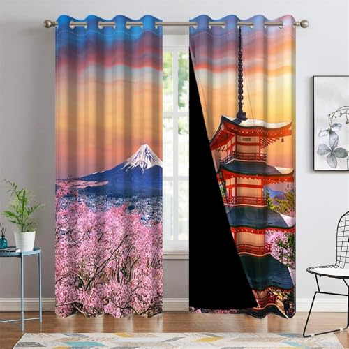 DORCEV Japanese Curtains Cherry Blossoms Japanese Volcano Pavilion Building Townscape Window Curtains for Bedroom Living Room Sunset Snow Mountain Blackout Kitchen Curtains,42x84 inch,2 Panels