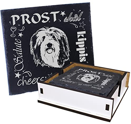5X Schiefer Untersetzer - Prost Bearded Collie - inkl. Holzbox & Flaschenuntersetzer Deko Glasuntersetzer Tassenuntersetzer