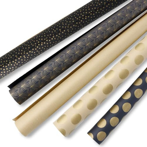 BIOZOYG Geschenkpapier Weihnachten 5 Rollen 2x0,7 m Glamour - Weihnachtsgeschenkpapier Geschenkpapier Rolle aus Recyclingpapier nachhaltige Forstwirtschaft - schwarzes Geschenkpapier