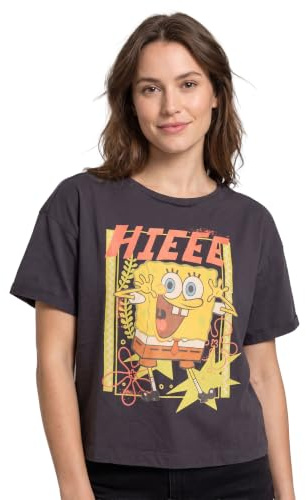 SPONGEBOB SQUAREPANTS T-Shirt for Women | Ladies Hieee Short Sleeve Charcoal Graphic Crop Top | Adults Distressed Cropped Tee TV Show Merchandise Gift