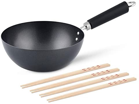 Ken Hom kleiner Stielwok 20 cm Induktion Antihaft Karbonstahl inkl. Ess-Stäbchen 8er Set