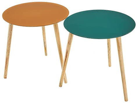 LOLAhome Set de 2 mesitas Lisas de Cristal y Madera Verde y Camel de Ø 40x40 cm