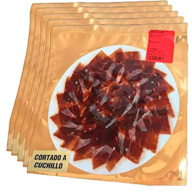 Pack 5 Sobres de Jamón Ibérico de Bellota loncheado Corte a Cuchillo de 100 gramos. Jamón Ibérico bellota. Especial para Cenas, Eventos, Navidad o Celebraciones. (5)