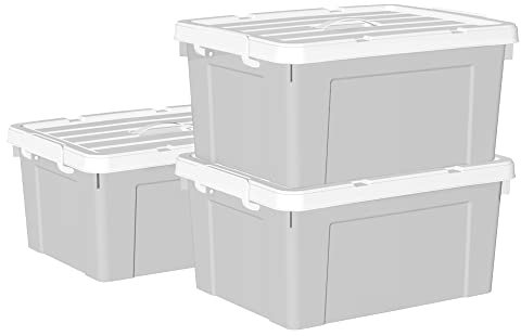Cetomo 35L*3 Storage Boxes, Carry Plastic Storage Box with Lids, Organizing Container with Handle and Secure Latching Buckles, Stackable, Nestable, Tote Bin for Home Office Clothes, 35L-3Pack, Gray