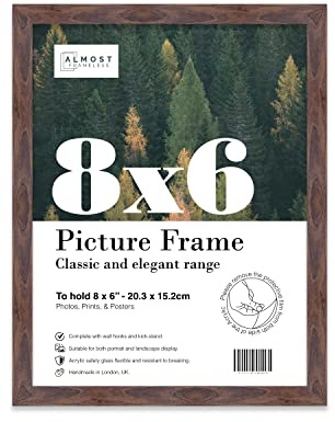 Almost Frameless 8x6 Walnut Picture Frame 8x6(20.3x15.2cm) Poster, Photo, Artwork, or Print. Thin Edge Slim Frame Portrait and Landscape Display with Wall Hooks