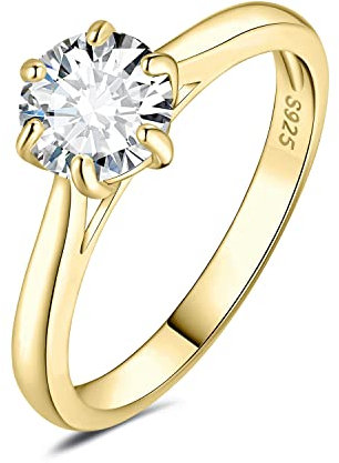 JewelryPalace 1ct Classique Cubic Zirconia Bague Taille Rond Solitaire Pierre Argent Massif 925 Femme, Plaqué Or Jaune Bague Diamant Simulé Fiançailles Mariage Promise Alliance, Ensemble Bijoux Mariee