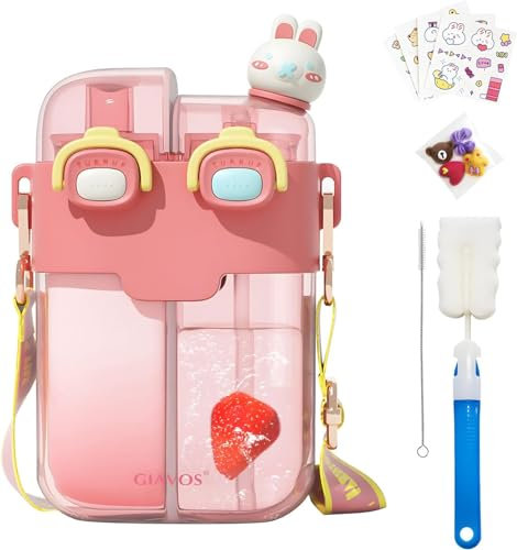 HiGropcore Botella de agua Kawaii con pajilla, bonita botella de agua con correa ajustable y calcomanías, vasos portátiles a prueba de fugas para deportes al aire libre, viajes, 26 onzas, 1 unidad