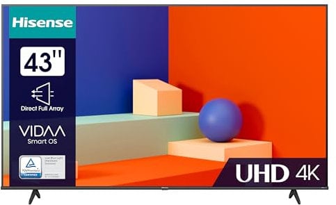 Hisense 43E6KT 108cm (43 Zoll) Fernseher, 4K UHD, Smart TV, HDR, Dolby Vision, Triple Tuner DVB-C/S/S2/T/T2, Frameless, WiFi, Bluetooth, Alexa Built-In, DTS Virtual X, Hotel Mode, Schwarz [2023]