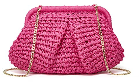 Molodo Bolso cruzado de paja para mujer, bolso de hombro de paja, bolsa de bola de masilla, de ratán, verano, playa, tejido hecho a mano, Rosa, Talla única