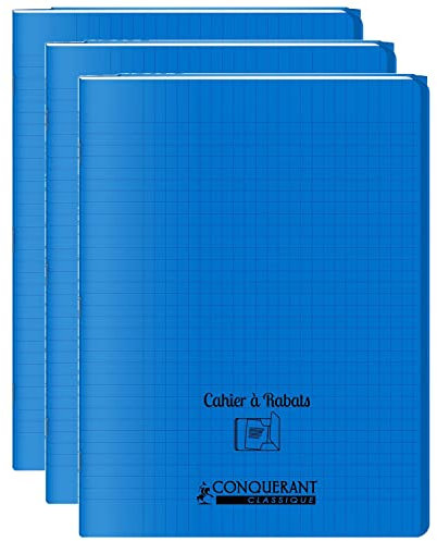 CONQUÉRANT Lot de 3 Cahiers à rabat agrafé 24x32cm 96P 90G grands carreaux polypro bleu