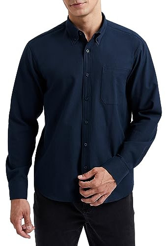 HISDERN Mens Navy Blue Oxford Shirt Long Sleeve Casual Button Down Dress Shirts for Formal Business S