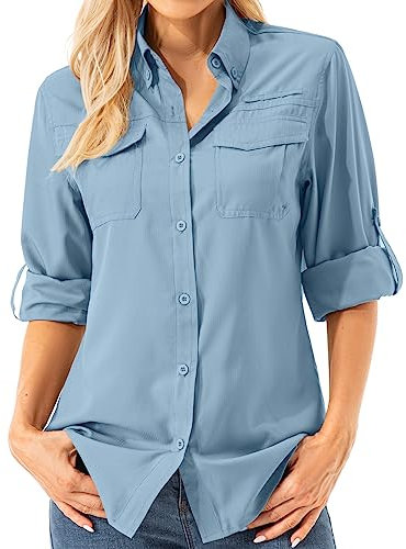 Asfixiado Chemise de randonnée aérée pour femme, manches longues, protection solaire UPF 50+, séchage rapide, parfaite pour le safari et les activités extérieures, bleu, S