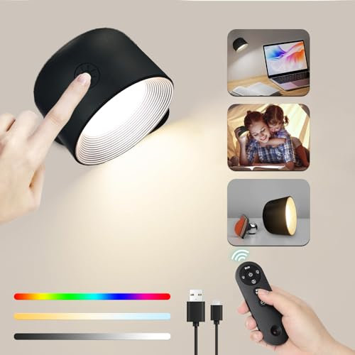 Taipow Dimmbar Wandleuchte Ohne Stromanschluss mit Fernbedienung, 9 Farbe, 5 Helligkeitsstufen, 360°Drehbare, Touch Wandlampe RGB Wanddeko für Schlafzimmer Badezimmer Wohnzimmer