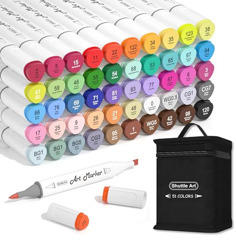 Shuttle Art Alcohol Markers Brush Tip, 50 Colours Dual Tip Art Pens Plus 1 Colourless Blender, Brush & Chisel Felt Tip Pens with Case for Artists Adult Illustration Colouring Sketching Drawing