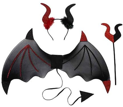 PIUMOJ Déguisement de Diable, Costume Halloween Diable Femme, Costume de Diable avec Corne du Diable, Ailes, Fourchette de Diable, guisement Diable Cosplay pour Fête Halloween Carnaval, 3 pièces