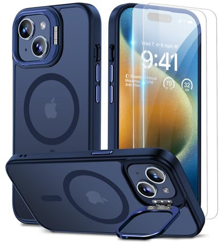 Beeasy für iPhone 15 Hülle für MagSafe mit Ständer, Handyhülle mit 2 Stück Schutzfolie für iPhone 15 Case Magnetische Stoßfest Schutzhülle Cover, Durchscheinend Matt Blau