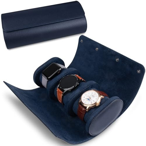 RoYiio 3 Slots Zylindrische Uhrenbox, Uhrenrolle Reisetasche Vintage Uhrengehäuse für Männer Frauen - Blau Upgrade-Version