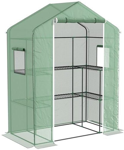 Outsunny Serre de Jardin PE avec étagères 3 Niveaux, Serre de Balcon, bâche renforcée 135 g/m², châssis en Acier, Porte zippée Enroulable, pour légumes Plantes Fleurs, 140x73x190 cm, Vert