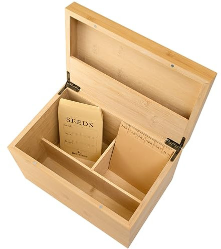 Deerstone Seed Packet Storage Box with Monthly Divider Cards & x10 Seed Envelopes Natural Bamboo Organiser with Secure Magnetic Lid for Gardeners