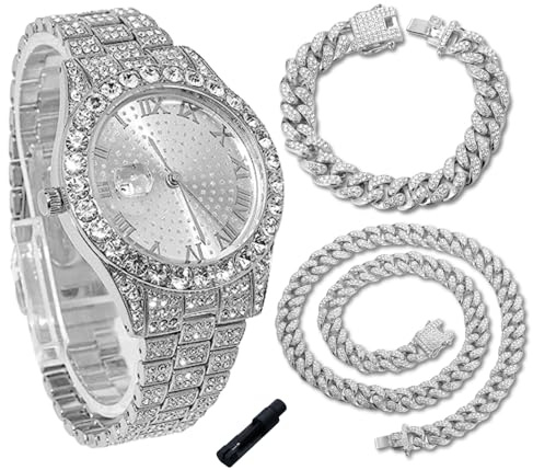 genkigold Diamantuhr für Teenager Jungen – 43mm Römische Ziffern Rundes Zifferblatt – 18K Echtgold/Platin Plattiert 20,5cm Armband – Inkl. Werkzeug, Kombinierbar mit Cuban-Kette