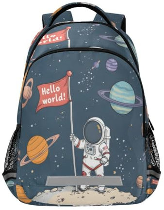 Mnsruu Hello World Rucksack mit Astronaut, Planet, Weltraum, Nebel, Sonnensystem, Schultasche, Laptoptasche, Tagesrucksack, Büchertasche für Teenager, Mädchen, Jungen, mehrfarbig, L