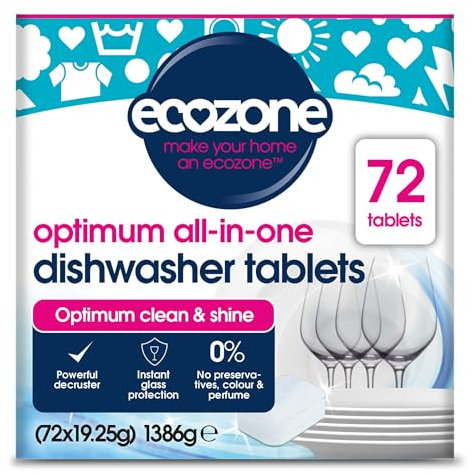 Ecozone Optimum All In One Dishwasher Tablets Bulk Buy x 72, Dishwashing Tablets with Salt, Rinse Aid & Extra Dry Effect, Powerful Degreaser & Dish Washer Tabs, Eco Conscious & Gentle on Appliances
