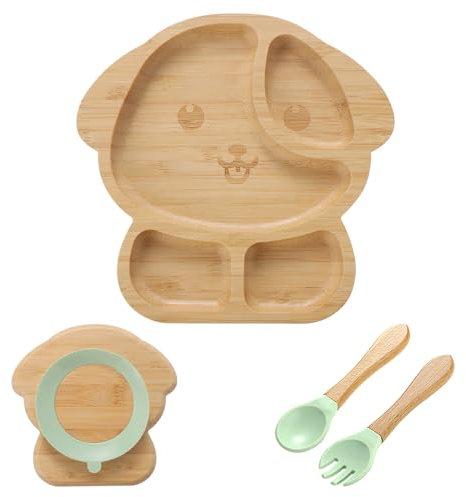 Coptiner Children's Dinner Plate with Secure Suction|Baby Toddler Plate for Weaning and Feeding|Natural Bamboo Divided Plates, Forks & Spoons Set for Babies from 3 Months (Pupy)