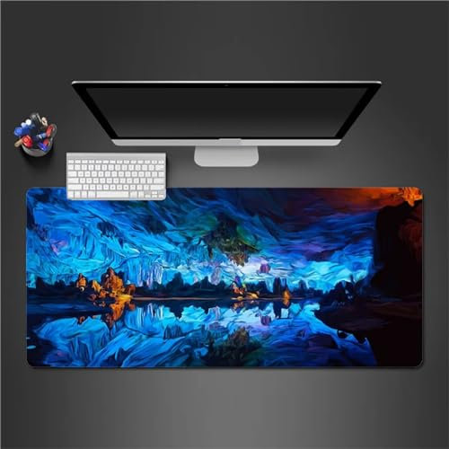 Mauspad XXL, 600x400x3mm Große Höhle Landschaft Blau Gaming Mauspad, rutschfest Schreibtischunterlage, Waschbares Mousepad mit Vernähte Kanten für Gamer PC Maus und Tastatur