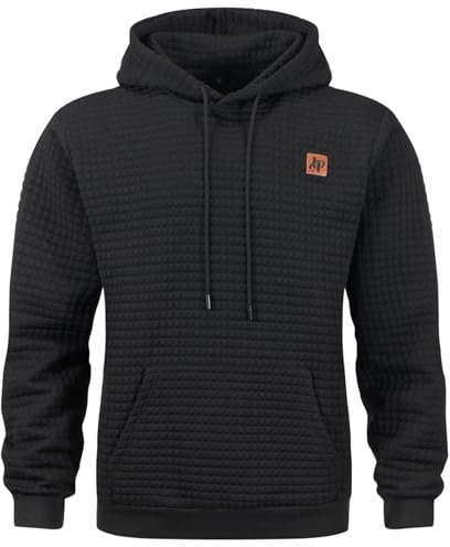 Furpazven Hoodie Herren Pullover Sweatshirt Jacquard Langarm Casual Kapuzenpullover Plaid Sweatjacke Kordelzug Kapuze mit Tasche Schwarz XL