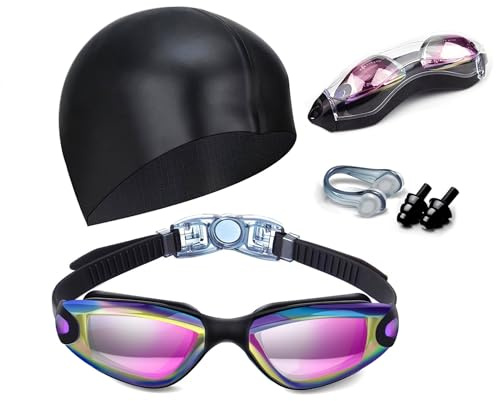 Hurdilen Swim Goggles Swimming Goggles No Leaking with Nose Clip, Earplugs, Swim Cap and Case for Men Women