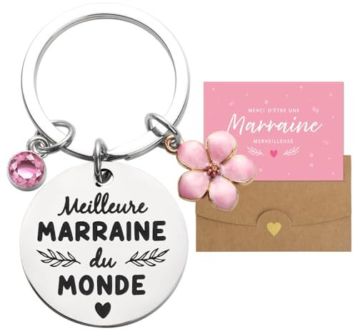 Kit de Cadeau Marraine Porte-clé Meilleure Marraine du Monde Pendentif Porte-clef et Carte de Vœux Personnalisé avec Enveloppe Marraine Demande Annonce pour Fête Naissance Baptême Communion Noël
