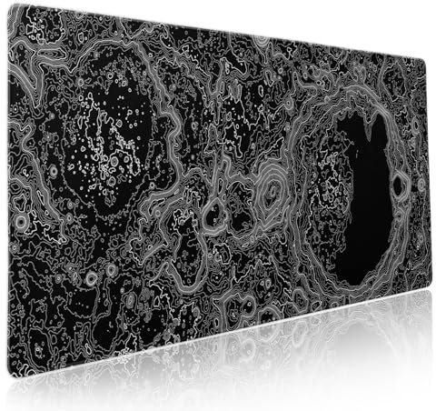 Black Whtie Topographic Gaming Mouse Pad XXL Topo Moon Relief Map Extended Large Mat Mousepad Desk Pad Non-Slip Rubber Base Stitched Edge Long Mousepad for Desktop Office Desk, 35.4 x 15.7 in