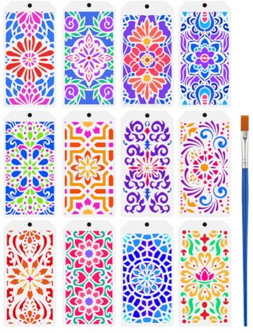 FINGERINSPIRE Mandala-Muster-Schablonen mit Pinsel, 23,9 x 11,9 cm, Mandala-Blumenmuster, Malvorlage, Mandala-Damast, Dekoration, Schablone zum Malen auf Holz, Wand, Stoff, Möbel, 12 Stück