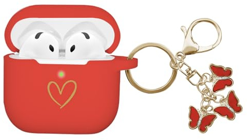 AIIEKZ Compatible avec Coque AirPods 4 2024, Coque en Silicone Souple avec Motif Cœur Doré pour AirPods 4ème Génération, avec Porte-clés Papillon Mignon (Rouge)