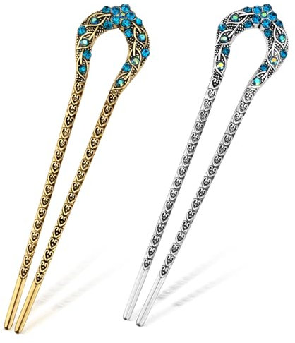 2pcs Vintage Metal French Hair Pins, Rhinestone Flower U Shaped Hairpins Carved Chinese Ancient Twist Hair Sticks for Buns Hair Fork Hair Accessories for Women (Gold, Silver)