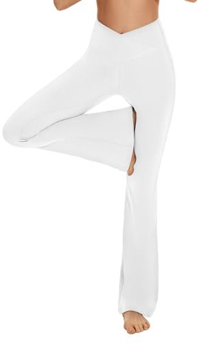 Flared Leggings Yogahose Damen Schlaghose Blickdicht Cross Waist Bootleg Sporthose Bootcut Jogginghose Jazzpants Fitnesshose(Weiß,M)