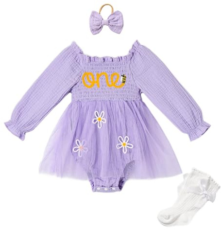 Miipat Bambina 1 ° Compleanno Abito Tulle Manica Lunga Neonata Romper Torta Smash Vestito Bimba Primo Compleanno Fotografia Vestiti Abbigliamento con Fascia Testa e Calzini