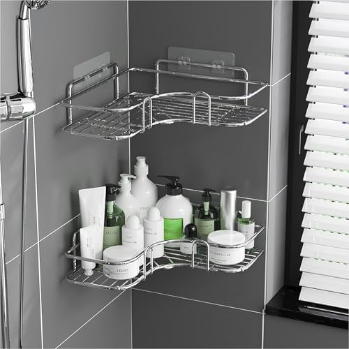 Poywaze Mensole angolari per doccia, portaoggetti adesivo da bagno, organizer da bagno in acciaio inox, organizer per doccia senza fori, argento (set da 2)