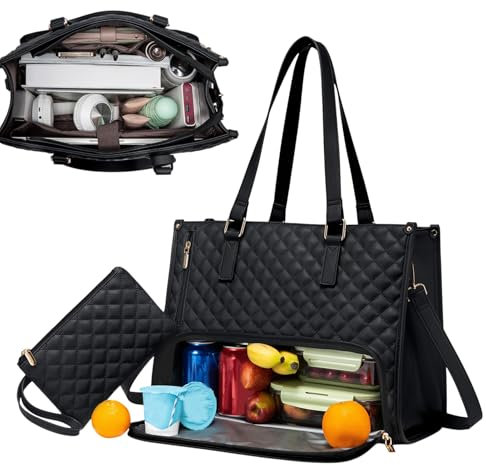 Lunch Tote Bag for Women, 15.6 Inch 2 in 1 Lunch Tote Bag Combo, WorkTote Bags with Compartments, Large Capacity Quilted Laptop Handbags with Purse for Business, Work