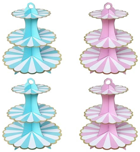 Seveups 4Pack 3 Tier Cake Stand, Pink and Blue Cupcake Stand Cardboard, Dessert Cupcake Stands Round Cardboard Cupcake Tower for Birthday,Party,Baby Showers